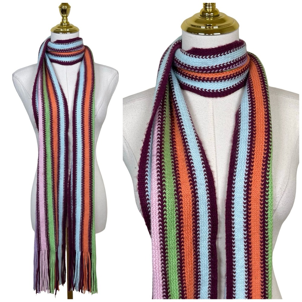 Vintage Aeropostale Scarf Women Multicolor Striped Knit Fringe Boho Y2K